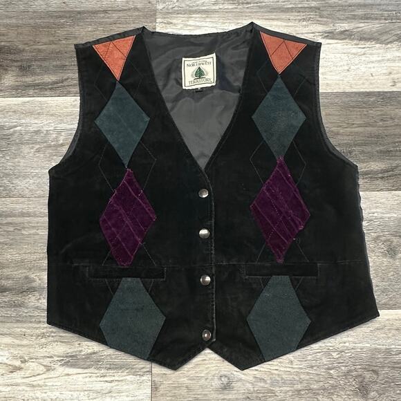 Vintage 90s Northwest‎ Territory Black Argyle Mens M Suede Leather Vest Western - Picture 9 of 9